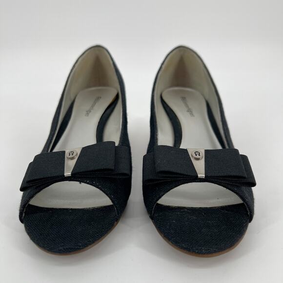 Etienne Aigner Digit Wedge Womens 8M Black Bow Canvas Open Toe Cork Wedge Heels - Picture 2 of 12